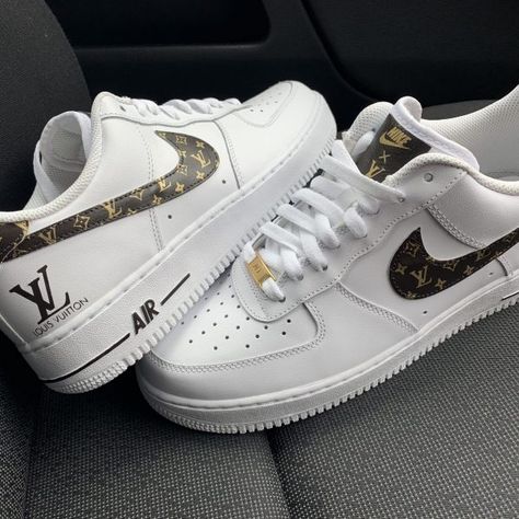 CUSTOM 18K GOLD XCE LOUIS VUITTON AIR FORCE 1 Tennis Shoes Outfit Work, Lv Sneakers, Af1 Shoes, Air Force Shoes, Nike Shoes Air Force, Tennis Shoes Outfit, White Nike Shoes, Custom Nike Shoes, Nike Air Shoes