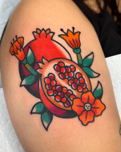 I ❤️ tattooing and I ❤️ tattooing fruits🩷💜🩵💛💚 | Instagram American Traditional Apple Tattoo, Cute Traditional Tattoo Flash, American Traditional Pomegranate Tattoo, American Traditional Food Tattoo, American Traditional Fruit Tattoo, American Traditional Fruit, Traditional Pomegranate Tattoo, Traditional Fruit Tattoo, American Trad Tattoo