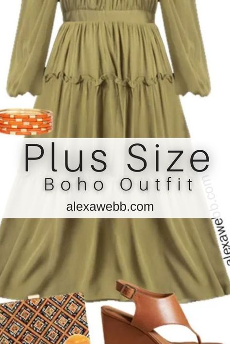 Two plus size spring boho dress outfits for brunches, weddings, vacation dinners, or anytime you want to feel a bit glamorous! Alexa Webb Boohoo Plus Size Outfit, Edgy Boho Dresses Summer Plus Size, Plus Size Bohemian Outfits, Plus Size Boho Winter, Plus Size Midi Dress Boohoo, Vacation Dinners, Boho Dress Outfit, Pluz Size Western, Green Boho Dress