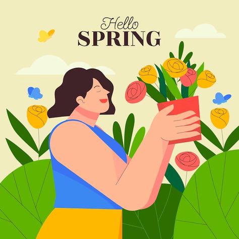 Spring Vector Illustration, Flat Illustration Poster, Spring Illustration, Poster Inspiration, Spring Flats, Flat Design Illustration, Summer Illustration, Illustrator Tutorials, Spring Women