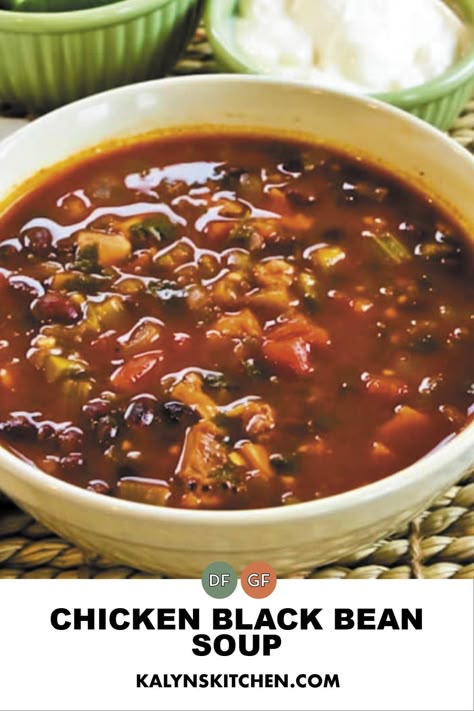 Pinterest image of small bowl of Chicken Black Bean Soup with two small bowls of condiments in the back. Gluten Free Black Bean Soup, Black Bean And Chicken Soup, Chicken And Black Bean Soup, Chicken Black Bean Soup, Chicken Black Bean, Celery Recipes, Tasty Chicken, Black Bean Soup, Best Gluten Free Recipes