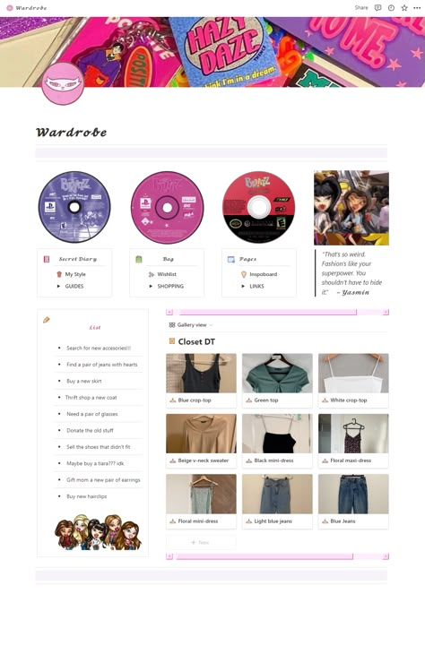 Y2k Template, Study Pinterest, Template Study, Pinterest Home Page, Cute Wardrobe, Personal Website Design, Notion Inspo, Easy Wardrobe, Notion Ideas