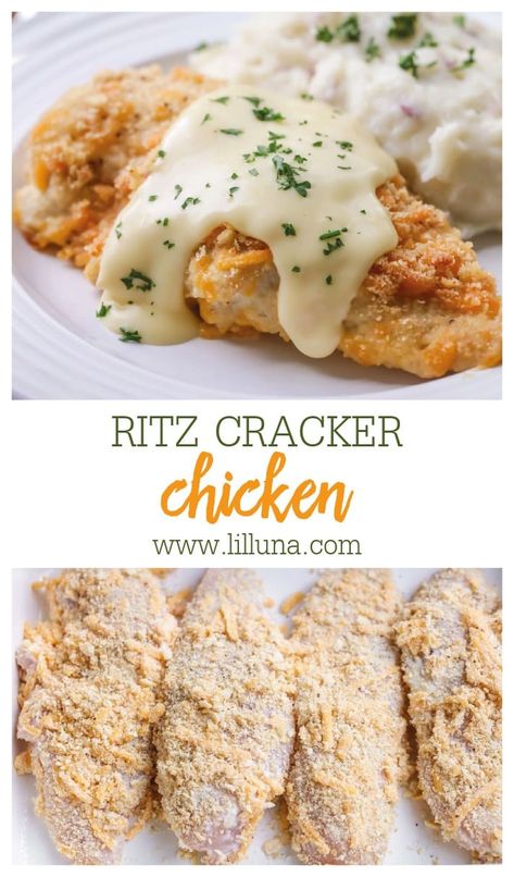 Ritz Cracker Chicken is coated in sour cream, cheddar cheese, and ritz cracker crumbs and then baked to crispy perfection. #ritzcrackerchicken #dinner #chicken #cheddarchicken #crispychicken Ritz Chicken, Crispy Cheddar Chicken, Ritz Cracker Chicken, Cracker Chicken, Ritz Cracker, Cheddar Chicken, Crusted Chicken, Chicken Main Dishes, Ritz Crackers