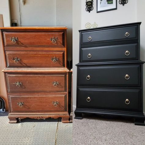 Chest on chest, black dresser, ring pulls, black and gold, tall dresser Diy Black Dresser, Tall Dresser Refurbish, Diy Tall Dresser Makeover, Painted Tall Dresser, Black Painted Dresser, Refurbished Tall Dresser, Black Dresser With Gold Hardware, Highboy Dresser Makeover, Black Dresser Makeover