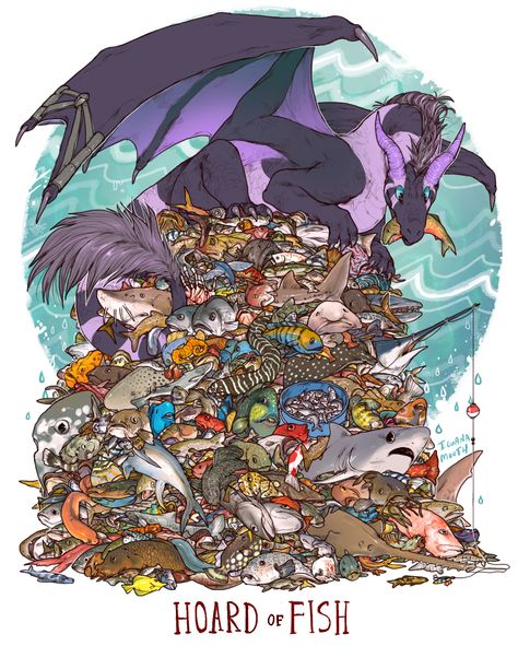 an unusual hoard commission for venrah, featuring their oc and a, a whole bunch of, just an excessive amount of fish Hoard Dragons, Unusual Dragon Hoards, Dragons In Different Cultures, Weird Dragon Hoards, Multi Headed Dragon, Dragon Treasure Hoard, Dragon Comic, Dragon Lover, Creature Drawings