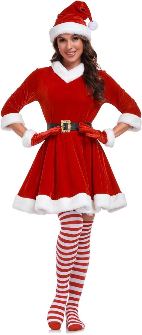 Amazon.com: VAPICK Mrs Claus Costume for Women 5PCS Plus Size Outfit Chirstmas Adult Velvet Santa Dress with Belt High Socks Hat Gloves : Clothing, Shoes & Jewelry Santa Claus Outfit Woman, Mrs Claus Costume, Santa Claus Outfit, Santa Dress, Costume For Women, Sox Hat, Plus Size Outfit, Xmas Ideas, Mrs Claus