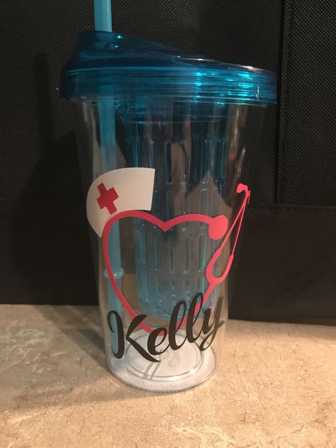 Customized fruit infusion tumblers. Nursing tumblers. This tumbler has a fruit infusion attachment. Design is heart stethoscope with nursing cap and personalized name. Made to order with colors of your choice. Also available glitter. https://etsy.me/2ID2XkD Nursing Tumblers, Nurses Week Gift Ideas, Snow Globe Cups, Heart Stethoscope, Nurse Tumbler, Nurses Week Gifts, Mug Ideas, Nursing Cap, Nurse Stuff