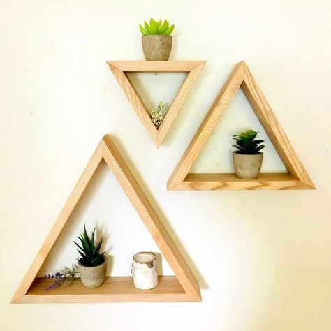 Scrap Wood Wall Decor | Scrap Wood Wall Art Ideas | Wall Art Plans| Home Decor Shelves Design Ideas, Triangle Shelves, Unique Wall Shelves, Shelves Design, Art Plan, Triangle Shelf, Triangle Wall, Ash Tree, Wooden Wall Shelves