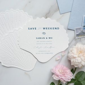 March Beach Wedding, Beach Save The Date Ideas, Coastal Save The Date Ideas, Seashell Wedding Invitations, Coastal Wedding Save The Date, Oyster Save The Date, Beach Wedding Stationery, Beachy Wedding Invitations, Coastal Save The Date