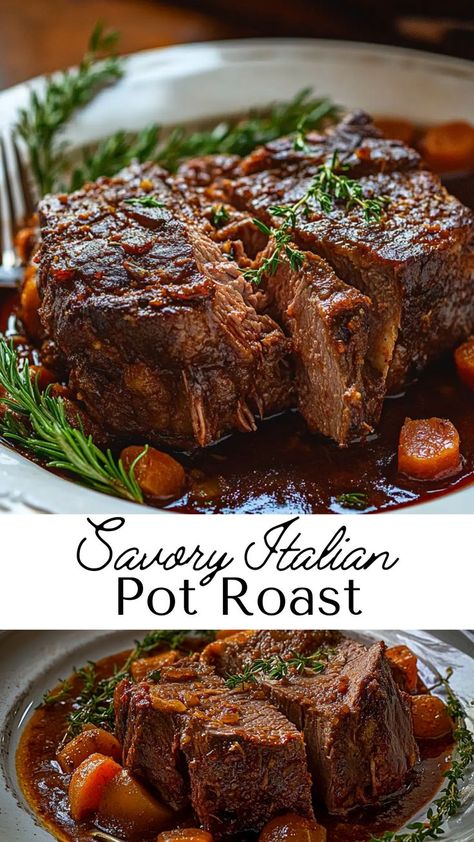 Enjoy a Classic Italian Pot Roast with tender beef and Italian herbs. Ideal for fall or winter recipes, this pot roast is a rich, savory dish that makes for a comforting family dinner and pairs well with your favorite sides. Roast Beef With Vegetables, Italian Roast Beef, Italian Pot Roast, Sunday Roast Dinner, Sunday Cooking, Classic Pot Roast, Comfort Recipes, Pot Roast Recipe, Italian Herbs