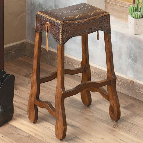 San Antonio Leather Barstool Western Bar Stools, Western Bar, Western Rooms, Western Bedding, Black Forest Decor, Rustic Bar, Southwest Design, Western Homes, Decorative Hooks