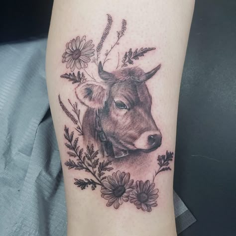 Cow With Sunflower Tattoo, Cuddle Tattoo, Farm Tattoos For Women, Cow Tattoos, Farm Tattoo, Chest Tattoo Ideas, Cow Tattoo, Line Tattoo Ideas, Country Tattoos