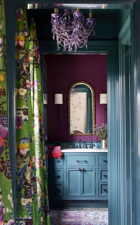 Hot Pink Bathrooms, Hot Pink Bathroom, Rental Makeover, Eclectic Glam, Bathroom Big, Eclectic Bathroom, Tudor House, Purple Walls, Pink Bathroom