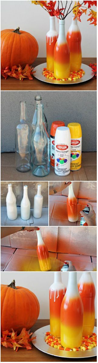 Give old bottles a new purpose with this easy Halloween  DIY project. Plant Vases, Vases Art, Dekorasi Halloween, Candy Corn Decorations, Halloween Decor Diy, Antique Vases, Diy Ombre, Concrete Vases, Diy Halloween Decor