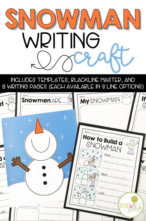 Snowman Writing Craft with 8 writing pages! Winter Writing First Grade, Snowman At Night Craft, How To Build A Snowman, Frosty The Snowman Activities, Sneezy The Snowman Craft, Snowman Kindergarten, Snowman Writing Activity, How To Build A Snowman Writing, Snowman Writing Activities