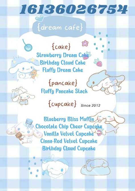 Blue Roblox Decals, Hello Kitty Cafe Bloxburg, Sanrio Decals Bloxburg, Wallpaper Decals Bloxburg, Cinnamoroll Cafe, Bloxburg Cafe, Bloxburg Food Decals, Decals Bloxburg, Cloud Cupcakes