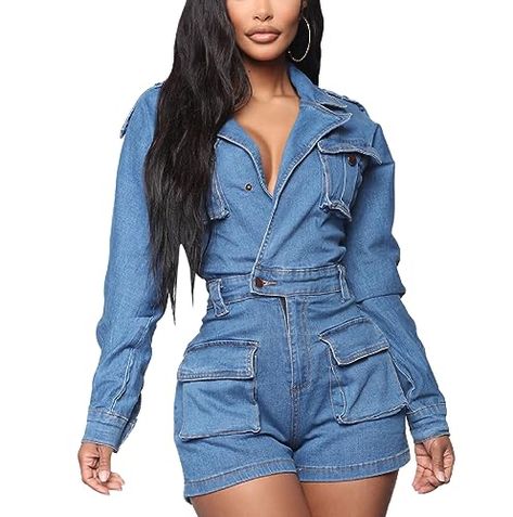 Blue Jean Jumpsuit Outfits, Jean Outfit, Denim Jumper, Denim Outfits, Denim Romper, Shorts Women, Womens Loungewear, Sleeved Romper, Denim Jumpsuit