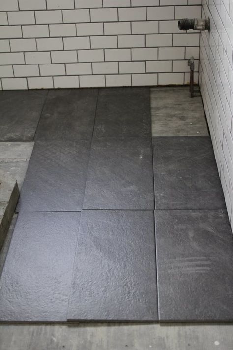 For my bathroom renovation, I finally decided on large slate tiles for the bathroom floor Staggered Tile, Dark Tile Bathroom, Slate Bathroom Floor, Dark Tile Floors, Slate Bathroom, Black Tile Bathrooms, Slate Tile Floor, Small Bathroom Tiles, Black Floor Tiles