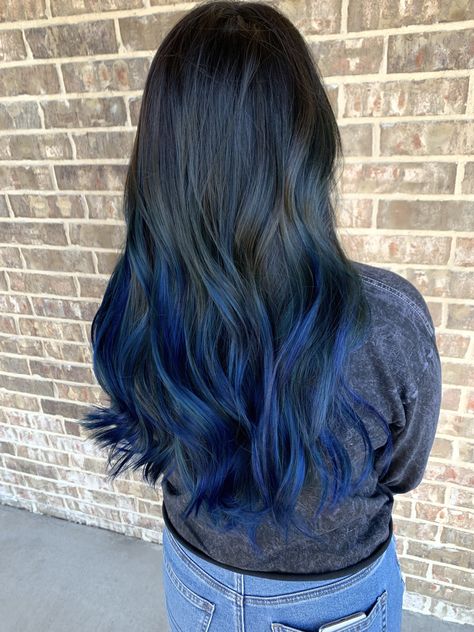 Dark Blue Ombre Hair, Brown Hair With Blue, Balayage On Dark Brown Hair, Blue Tips Hair, Blue Balayage, White Ombre Hair, Blue Brown Hair, Blue Hair Dark, Ombre Hair Color Ideas