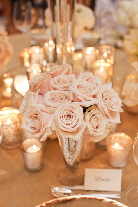 SOOOO BEAUTIFUL Wedding mercury glass centerpieces | rose gold and champagne wedding Mercury Glass Centerpiece, Flowers And Candles, Rustic Wedding Decorations, Glass Centerpieces, Champagne Wedding, Mod Wedding, Deco Floral, Wedding Tablescapes, Blush And Gold