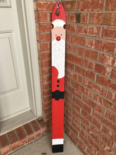 This Santa was made from a picket fence post many years ago.         The design was drawn with pencil to section off the different ... White Picket Fence Craft Ideas, Picket Fence Ideas Crafts Christmas, Picket Santa, Christmas Picket Fence Ideas, Fence Picket Crafts, Picket Fence Ideas Crafts, Fence Picket Projects, Front Yard Fencing, Fence Post Crafts