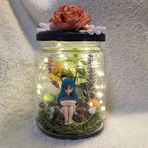 Unique handcrafted Anime Fairy character in Fairy Jar Garden Forest Jar with Light. Perfect gift for kids and everyone! www.etsy.com/shop/LittleHeartMelt Fairy In Jar, Lantern Jar, Fairy Jars Diy, Jar Garden, Fairy Character, Night Fairy, Garden Forest, Handmade Fairy, Crochet Fairy