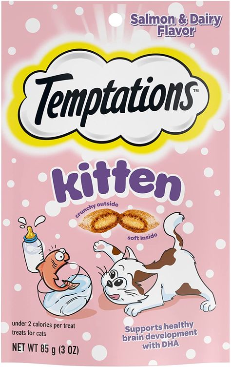 CONTAINS: Twelve (12) 3 oz. pouch of TEMPTATIONS Crunchy and Soft Kitten Treats, Salmon and Dairy Flavor MADE FOR KITTENS: Formulated to support the needs of your growing kitten AMAZING TEXTURE AND FLAVOR: Dairy and salmon flavored kitten treats that are crunchy on the outside and soft on the inside JUST 2 CALORIES: Each kitten treat is under 2 calories, so you can feel good about rewarding your young cat every day. Kitty Treats, Kitten Supplies, Kitten Treats, Treat Toppers, Kitten Food, Food Topper, Flavored Milk, Healthy Brain, Chicken Flavors