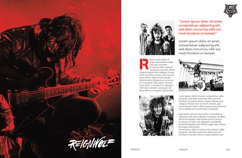 Rock n Roll Magazine Spread Cool Magazine Spreads Graphic Design, Band Magazine Layout, Rock Magazine Layout, Dark Magazine Layout, Editorial Spread Design, Music Magazine Layout Design, Music Magazine Layout, Magazine Spread Layout, Magazine Spread Design