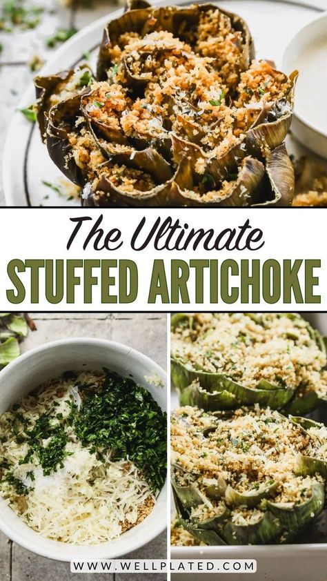 Baked Italian stuffed artichokes, with step-by-step photos and video. With crispy, Parmesan breadcrumbs and dipping sauce, they are worth it! Artichoke Recipes Baked, Italian Stuffed Artichokes, Stuffed Artichokes, How To Cook Artichoke, Holiday Meal Planning, Italian Sausage Pasta, Slow Cooker Pasta, Artichoke Recipes, Lemon Pasta