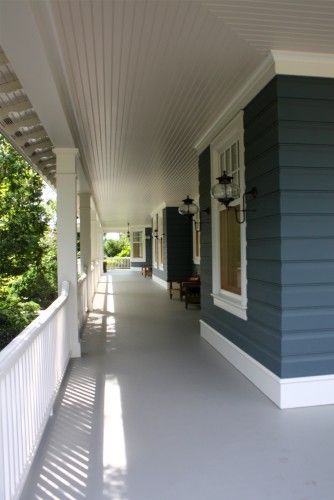 traditional porch by Rugo/ Raff Ltd. Architects, blue siding, white trim, grey floor via houzz Light Blue Houses, White House Interior, Blue Siding, White Porch, Traditional Porch, Porch Design Ideas, Porch Ceiling, Building A Porch, House Paint Interior