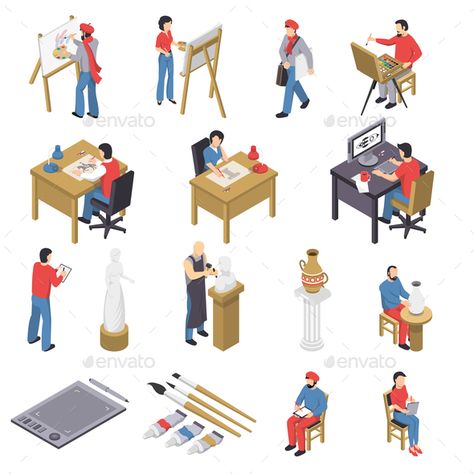 Isometric set of artists with accessories near easels, sculpture, pottery, behind table and computer isolated vector illustration Paintbrush Painting, Chair Craft, Drawing Easel, Designer Drawing, Sculpture Pottery, Landscape Architecture Graphics, Creative Arts Therapy, Vector People, Architecture People