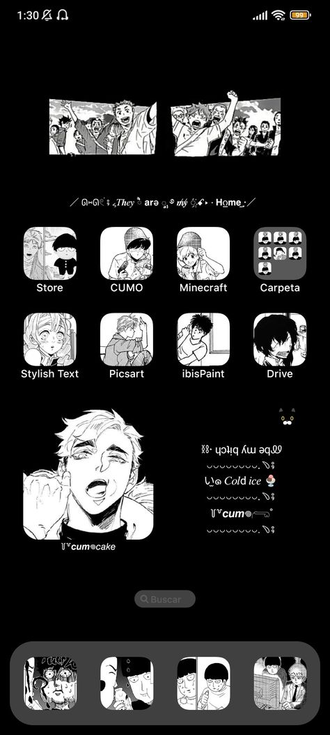 App: iOS Launcher #homescreen #layout #manga #dark #anime Screen Tone Manga, Jjk Homescreen Layout, Anime Themed Phone Screen, Dark Anime Homescreen Layout, Aot Homescreen Layout, Manga Dark, App Ios, Homescreen Layout, Dark Anime