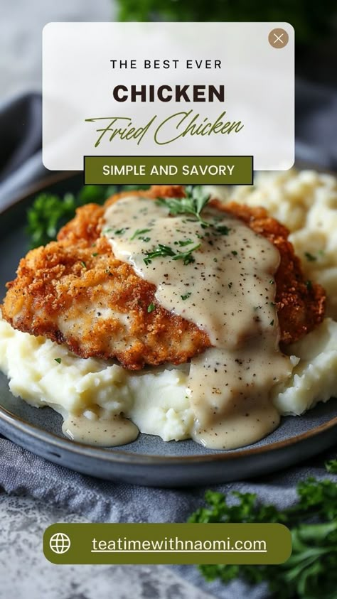 Indulge in the rich flavors of this homemade Chicken Fried Chicken topped with a creamy country gravy. This recipe walks you through each step to achieve that perfect crispy coating while keeping the chicken juicy inside. A must-try for comfort food lovers! Chicken Dishes With Mashed Potatoes, Fried Chicken Dinner Ideas Sides, Dinners With Chicken Thighs, Deep Fry Chicken, Chicken Fried Chicken Recipe, Fried Chicken Gravy, Country Gravy Recipe, Dinners With Chicken, Country Fried Chicken