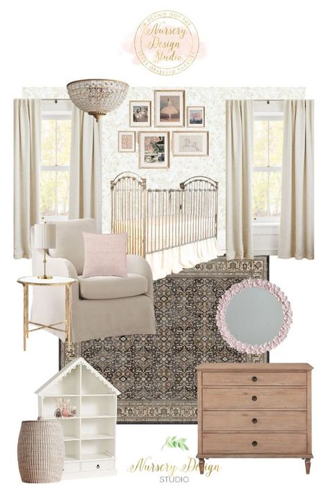 Traditional Nursery Ideas, Vintage Nursery Girl, Baby Girl Nursery Vintage, Girl Nursery Vintage, Tufted Crib, Girl Nursery Inspiration, Faux Queen, Vintage Baby Girl Nursery, Gold Crib