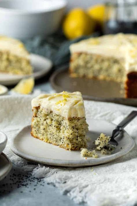 Light, fluffy and bursting with fresh lemon flavour, this lemon poppyseed cake is the perfect dessert for any occasion. Featuring a tangy lemon cream cheese frosting and ultra-tender crumb, it is a lemon lover’s dream! Lime Poppyseed Cake, Lemon Chocolate Cake, Lemon Pastries, A Field Of Dandelions, Lemon Pies, Desserts Lemon, Field Of Dandelions, Poppyseed Cake, Lemon Tarts