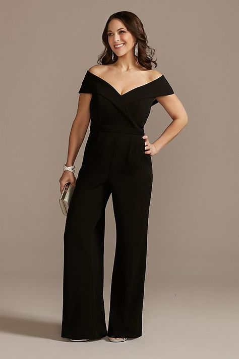 Off-The-Shoulder Crepe Sweetheart Jumpsuit | David's Bridal Semi Formal Outfits For Women Wedding, Semi Formal Outfits For Women, Wedding Pants, Jumpsuit Style, Semi Formal Outfits, Dress Code Wedding, Long Gowns, Cocktail Wear, Crepe Jumpsuit