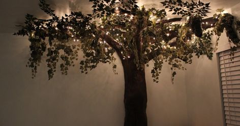 Trees In Nursery, Diy Tree Bedroom, Tree In Room Diy, Tropical Rainforest Bedroom Ideas, Diy Tree In Room, Whimsigothic Home Bedroom Diy, Diy Tree In Bedroom, Diy Forest Bedroom Decor, Camping Room Decor