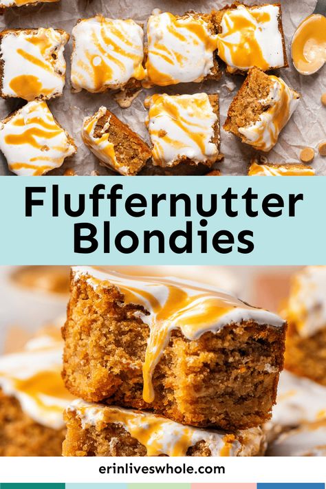 For tonight's dessert, go for something new and delicious with these Fluffernutter Blondies! They're made with everything delicious like brown sugar, peanut butter, and even marshmallow fluff. Fluffernutter Blondies, Fluffernutter Bars, Vegetarian Marshmallows, Strawberry Pretzel Salad, Apple Cinnamon Muffins, Butter Bars, Blondie Brownies, Peanut Butter Bars, Marshmallow Fluff