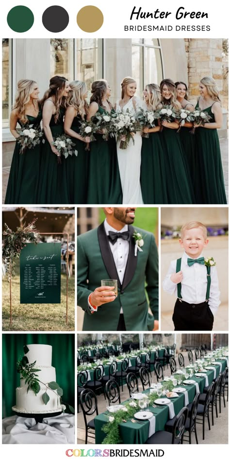 Hunter green bridesmaid dresses on sale under $100, in 600+ custom-made styles and all sizes, white bridal gown, hunter green wedding tablecloth, hunter green bridegroom suit and black bowtie, hunter green wedding welcome sign and hunter senior bridegroom bowties, white wedding cake with greenery. #colsbm #bridesmaids #bridesmaiddresses #weddingideas #greenwedding #huntergreenwedding #weddingcake #weddingwelcomesign #weddingtie #weddingtablecloth #weddingcenterpieces #huntergreendress b2277 Black And Green Wedding Theme Bridesmaid Dress, Racing Green Wedding, Hunter Green And Cream Wedding, Hunter Green And Silver Wedding, Forest Green White And Gold Wedding, Dark Green And White Wedding Theme, Dark Green Black And Gold Wedding, Phthalo Green Wedding, Midnight Green Wedding