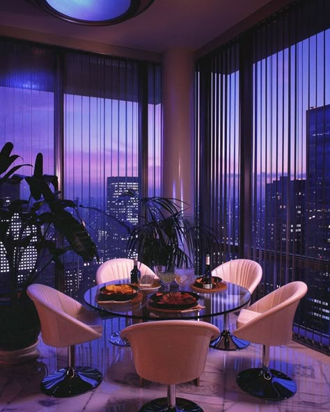 POV: Your luxe but lonely urban penthouse in 1984 💜✨ [AI] Get your wall posters on liminaldestinations.com and AI prompts on Ko-fi (links in bio!) • • • • #80sinterior #1980sinterior #80saesthetic #1980s #80svibes #80snostalgia #80sdecor #80s #80spenthouse #vintage #interiordesign #homedecor #luxuryhomes #midcentury #midcenturymodern #postmodern #luxury 70s Penthouse Apartment, 80s Loft Apartment, 80s Style Living Room, Miami Vice Interior Design, Miami In The 80s, 80s Aesthetic Home, 80s Aesthetic House, 80s Rich Aesthetic, 80s Penthouse Aesthetic