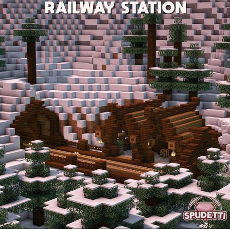 Minecraft Railway Station Ideas, Snowy Base Minecraft, Minecraft Railway Bridge, Minecraft Minecart Station, Viking Minecraft Builds, Minecraft Railway Station, Minecraft Railway Ideas, Minecraft Railway, Minecraft Building Designs