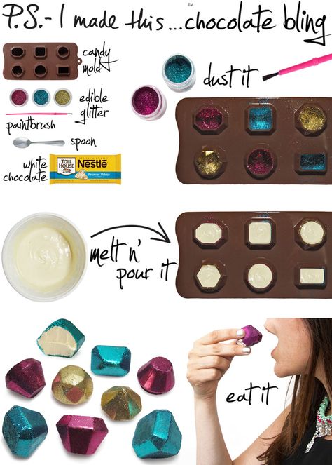 Make edible chocolate bling. For the edible glitter,preheat oven to 350 degrees. Combine 1/4 cup of salt and 1/2 a teaspoon of liquid food coloring. Put foil in the baking pan and spread the salt around. Bake for 10 minutes and allow to cool. Dolci Finger Food, Glitter Birthday Cake, Nestle Chocolate, Dessert Oreo, Glitter Birthday, Bun Recipe, Edible Glitter, Cupcake Cake, Candy Molds