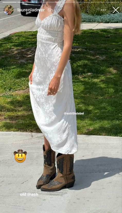 Cowgirl White Dress, Zac Bryan, Cowboy Shooting, Dress Cowboy Boots, Coachella 2024, Costal Cowgirl, Cowboy Outfit, Dresses With Cowboy Boots, Cowboy Outfits