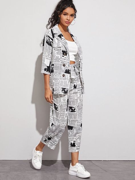 Newspaper Print Dress, Newspaper Fashion, Drawstring Waist Pants, Newspaper Print, Gaun Fashion, Diy Vetement, Newspaper Printing, Black And White Style, Belted Pants