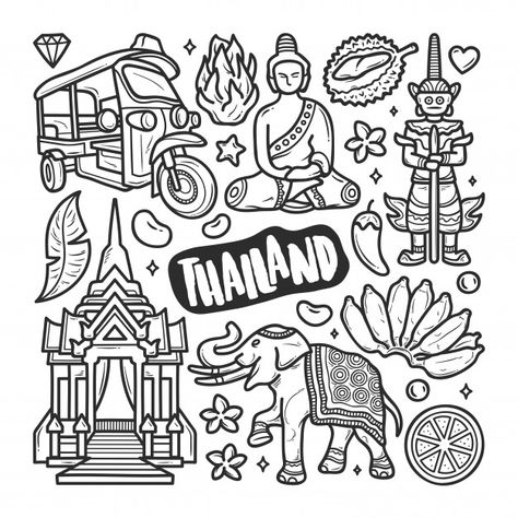 Thailand icons hand drawn doodle colorin... | Free Vector #Freepik #freevector #travel #icon #hand #line Icons Hand Drawn, Travel Doodles, Arte Doodle, Travel Journal Scrapbook, City Sketch, Desain Buklet, Thailand Art, Doodle Icon, Travel Icon