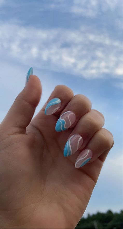 Blue Themed Nails Almond, Almond Shape Light Blue Nails, Vacation Acrylic Nails Almond, Turquoise Nails Acrylic Almond, Turquoise Nails Almond Shape, Short Almond Beach Nails, Summer Nails Ocean Vibe, Almond Ocean Nails, Blue Acrylic Nails Ideas Almond