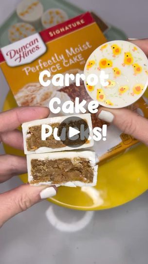 4K views · 90 reactions | Recipe below! 

Both my buttercream and cream cheese frosting recipes are on here and the website. 

You can find the video about the chocolate transfers on my homepage.

But of course you know I’ll send you any links you ask for 🥰👊🏼 (including my favorite vanilla!) 

Carrot Cake Pucks:

One Spice Cake mix
2 eggs
1 cup crushed or chopped canned pineapple with juice
1/2 cup coconut
1 cup grated carrot
1/3 cup oil
1 tsp pumpkin pie spice 
1 tbl vanilla 

Bake
Cool
Crumble 

Add 1/2 cup buttercream and mix for just a few seconds till combined. 

I used white chocolate to cover these and the chocolate transfers are from @evilcakegenius 

Happy Pucking! 

#cakepucks #bentycakes #carrotcakes #cakemix #eastersunday | Benty Cakes | Joe Palmer · Zen Puck Cakes, Cream Cheese Frosting Recipes, Cake Puck, Cake Pucks, Mini Loaf Cakes, Cookie Table, Ice Cake, Pumpkin Spice Cake, Cream Cheese Frosting Recipe