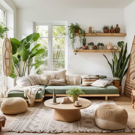 Green And Tan Living Room Decor, Minimalist Bohemian Living Room, Rooms Inspiration, Theme House, Antique Living Room, Earthy Living Room, Bohemian Living Room Decor, Minimalist Bohemian, Housing Design