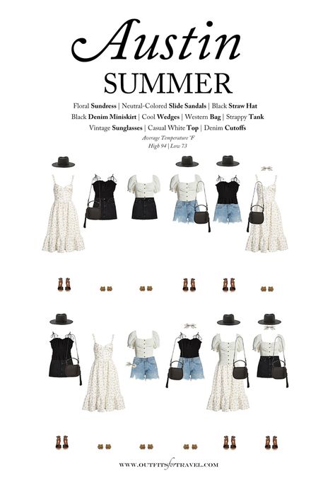 How to pack for Austin, Texas in the summer. This summer packing guide for Austin showcases 10 cool items to pack for a trip to Austin this summer in June, July or August. Austin capsule wardrobe. Summer capsule wardrobe. Summer packing guide. Texas packing guide. #summeroutfits #fashion #Austin #travelwardrobe #capsulewardrobe #chic #summerstyle #ootd Austin Summer Outfits, Texas Summer Outfits, Summer Packing List, Rome Outfits, Pack For A Trip, Texas Fashion, Austin Style, Summer Packing, Casual Sunglasses