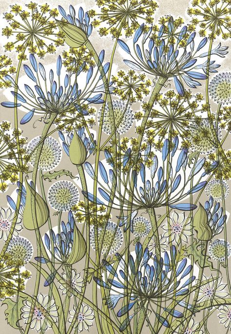 Angie Lewin, Walled Garden, Spring Prints, Wood Engraving, Lino Print, Linocut Prints, Fabric Painting, Garden Wall, Art Paint